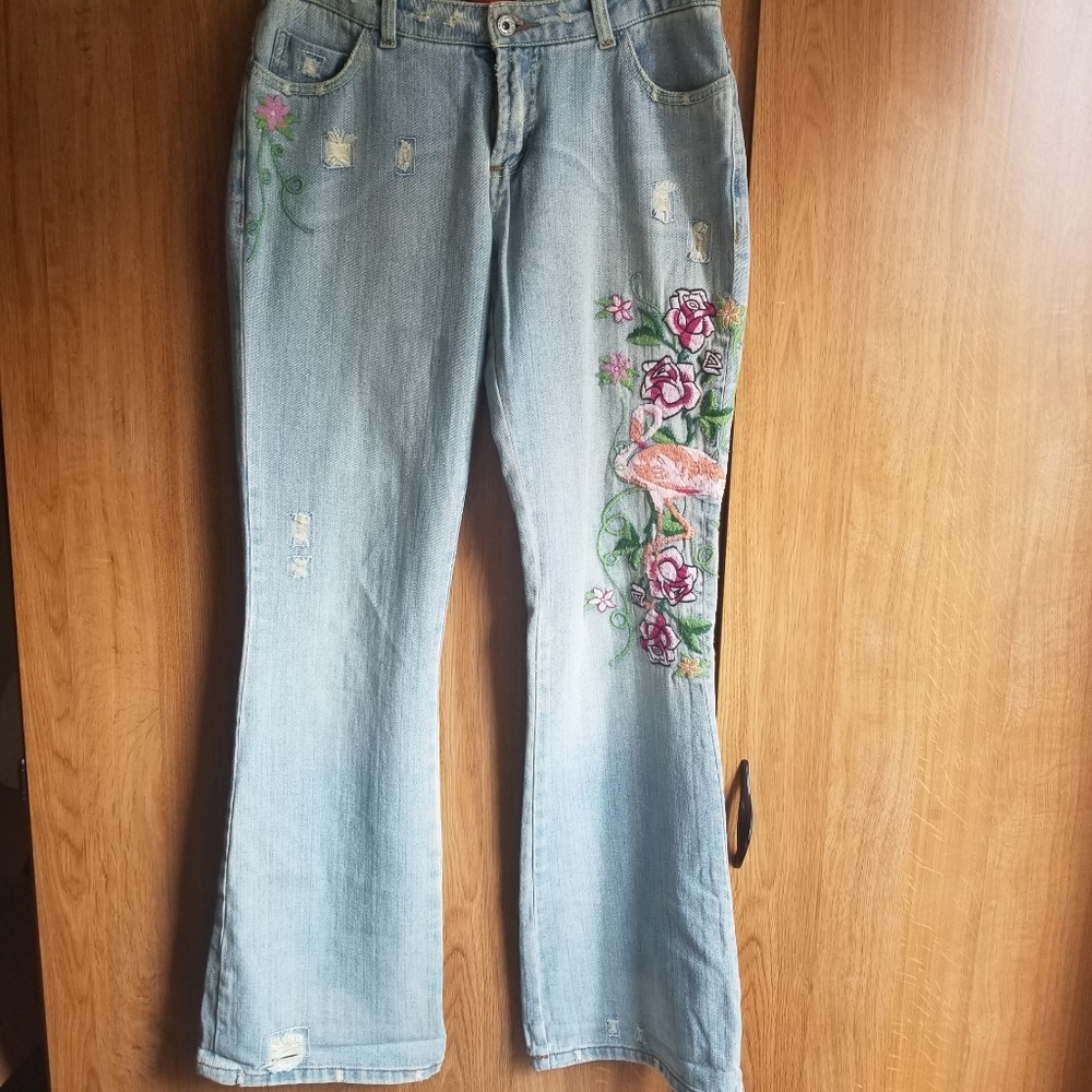 Tokyo Denim Bank Embroidered Bell Bottoms Sz 29